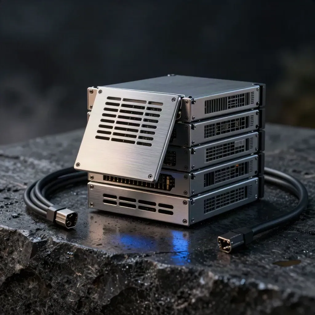 Server blade modules and a half-slid drive caddy with cable on dark stone in soft studio light