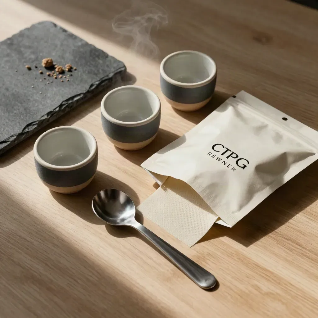 Top-down tasting kit with ceramic cups, steel scoop, waxed pouch and stone tray on pale wood.