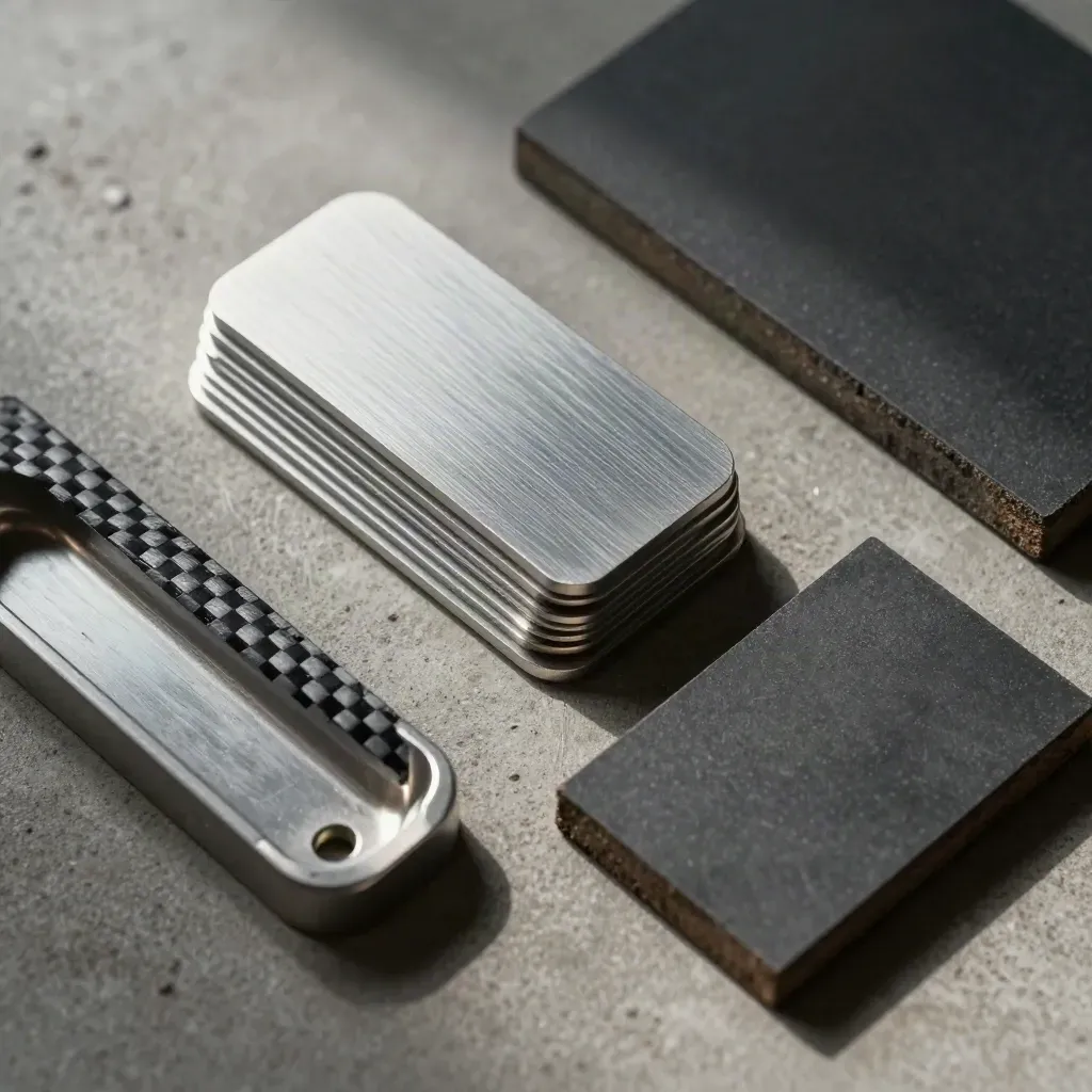 Aerospace material test kit on concrete with metal coupons, carbon fiber, fastener tray, and charcoal block