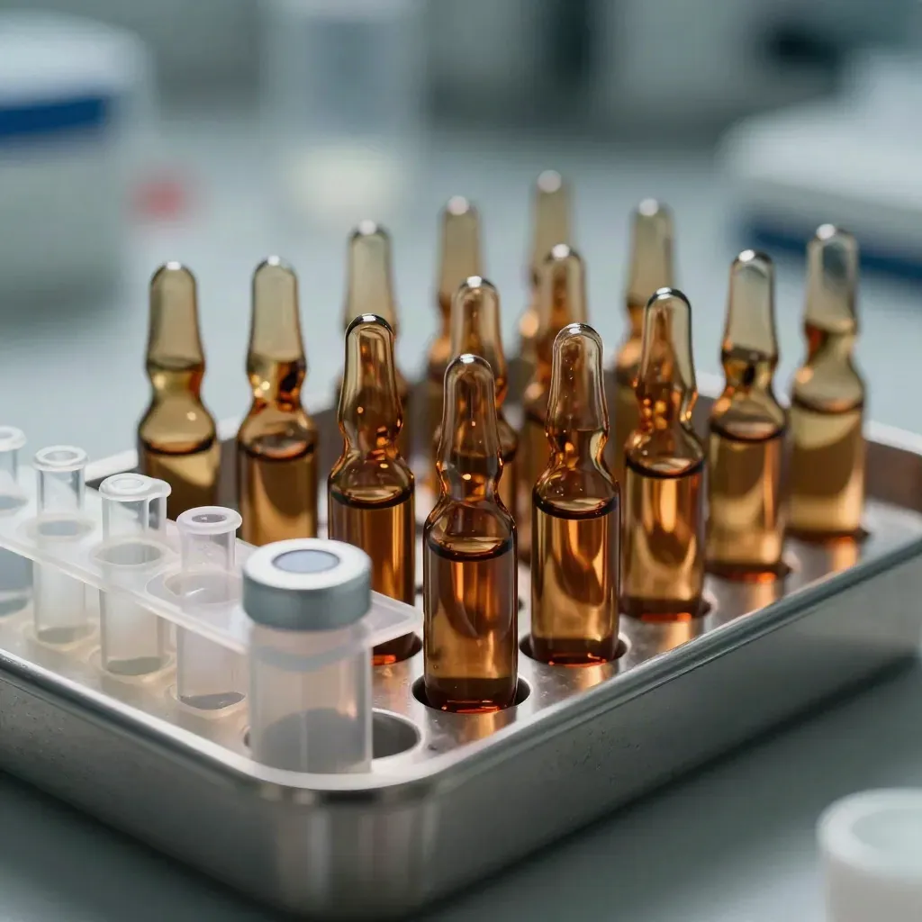 Amber ampoules and steel tray in a sterile biotech close-up