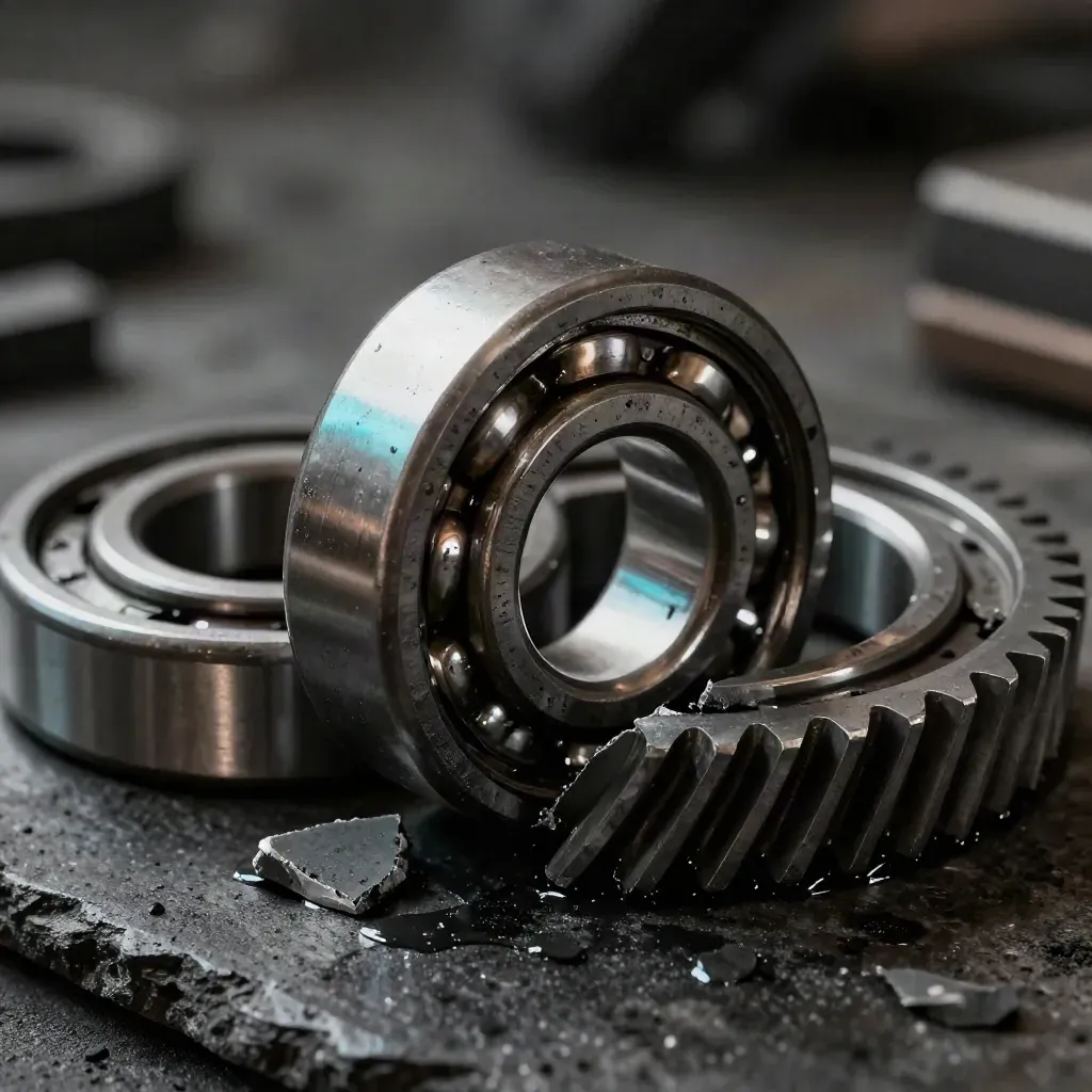 Industrial bearing race, gear ring, grease block, and spacer on black stone, lit with cool cyan accents.