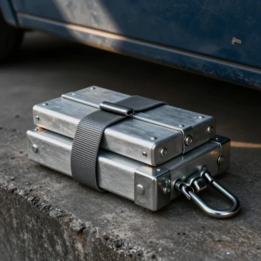 Warehouse ops hardware on dark concrete: cargo seal, strap hardware, corner protector, steel clasp.