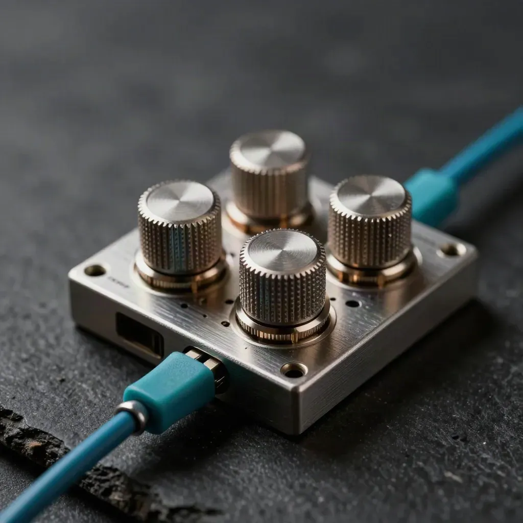 Brushed-metal rack status modules with patch leads on black stone