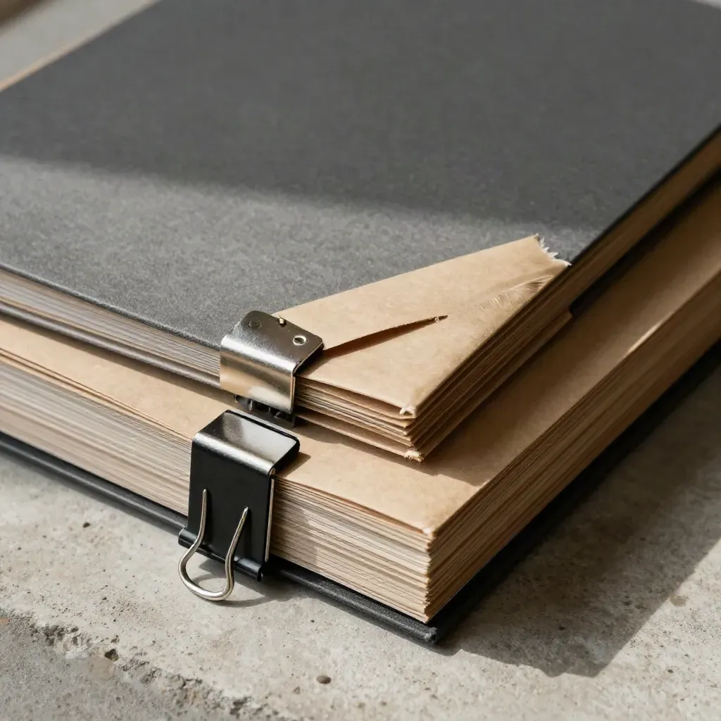 Face-down report packets clipped to a matte folder on pale concrete, lit from upper left.