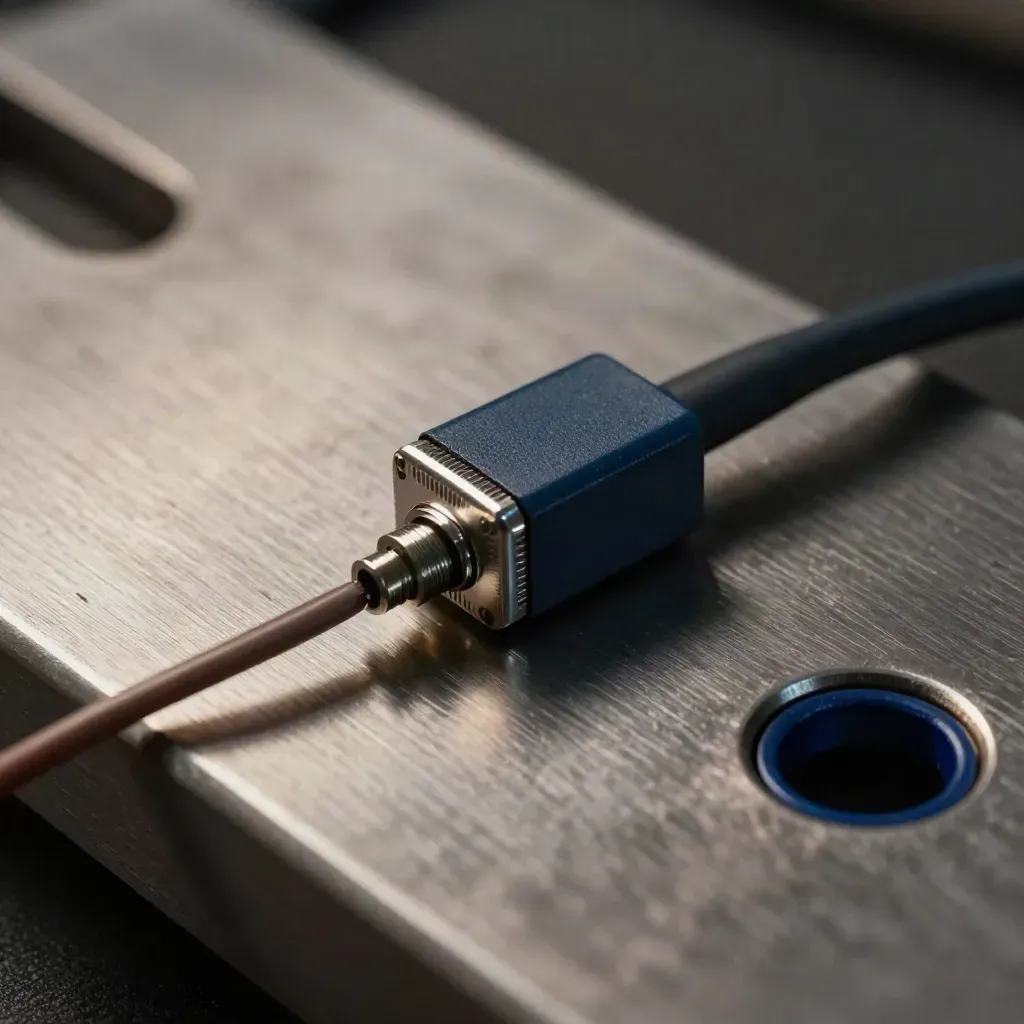 Macro of an alert puck, relay module, and taut cable on brushed metal