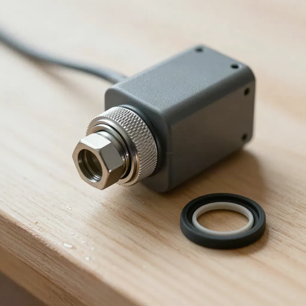 Macro of serviced field sensor hardware with condensation on pale wood