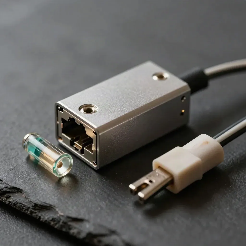 Macro of a watchdog sensor module, fuse and clipped cable on dark slate, lit from upper left.