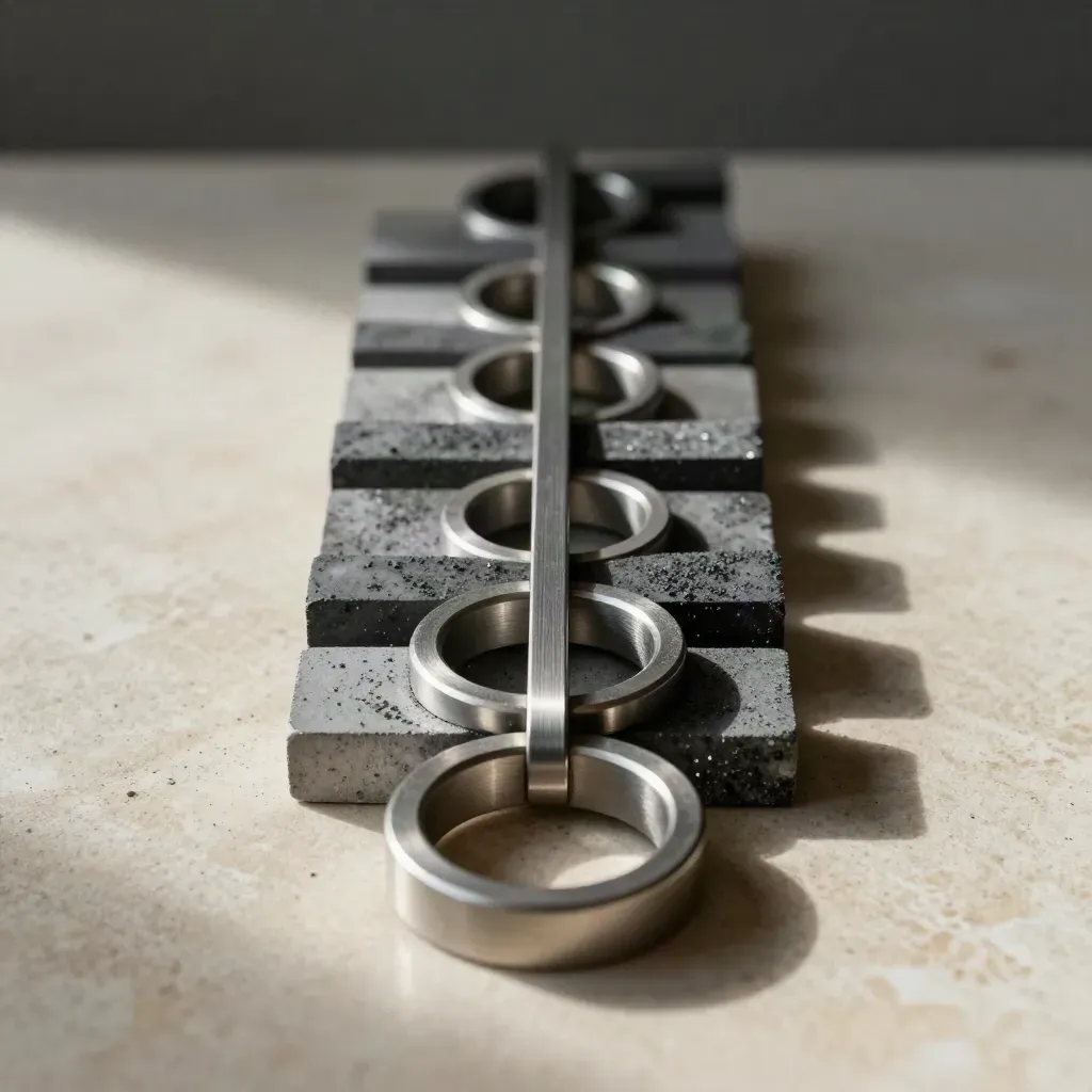 Overhead still life of metal spacers, graphite blocks, and an alignment bar on pale stone.