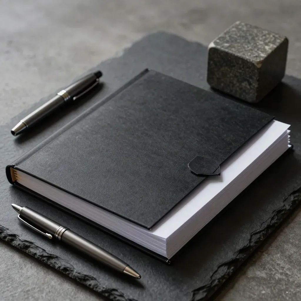 Top-down still life of a briefing packet stack, black binder, pen cap and paperweight on dark slate.