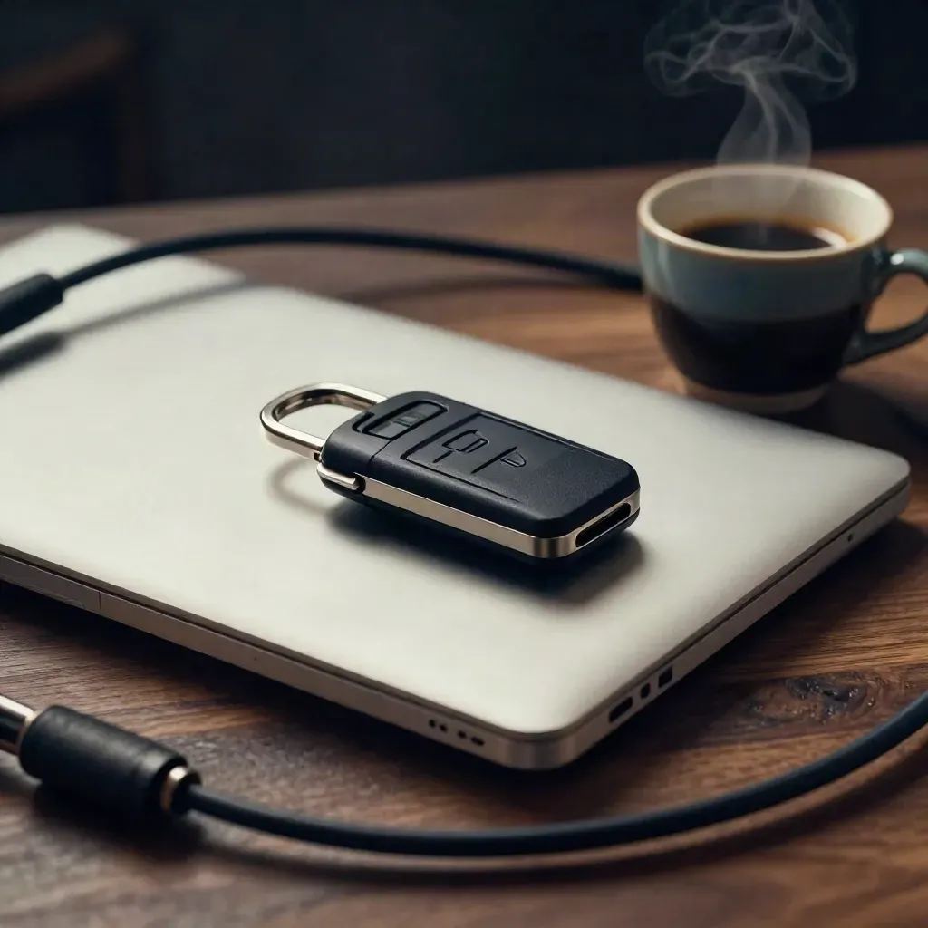 Founder launch kit with laptop, security key, prototype enclosure, espresso cup, and cable on dark wood.