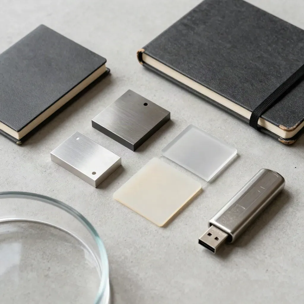 Top-down flat lay of prototype blocks, swatches, notebook, and USB key on pale concrete.
