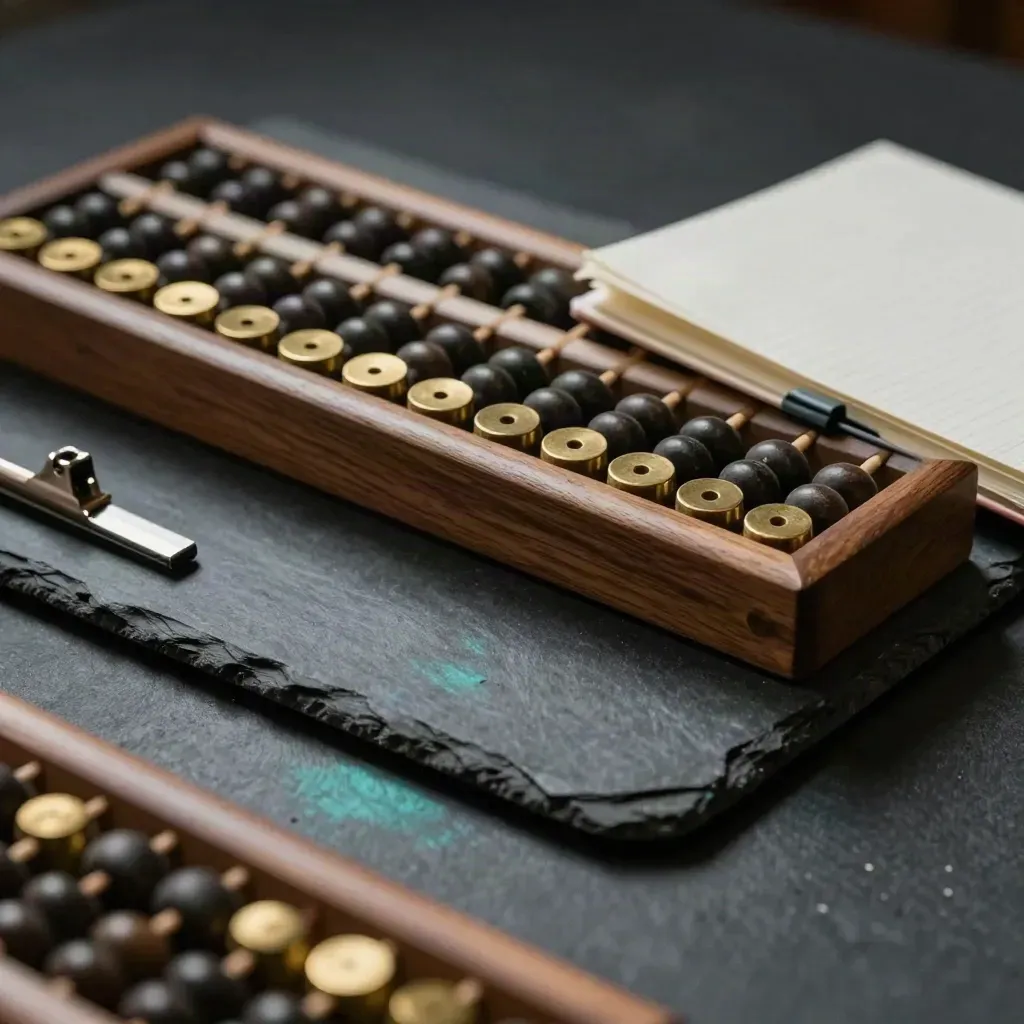 Top-down macro of tally tokens, counting frame, closed notebook and paper clamp on graphite stone.