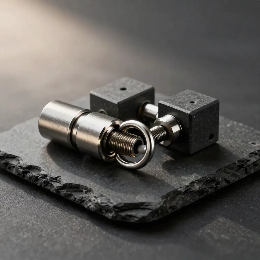 Brushed-aluminum couplers, ring, and modular blocks on black stone in a macro workflow still life.