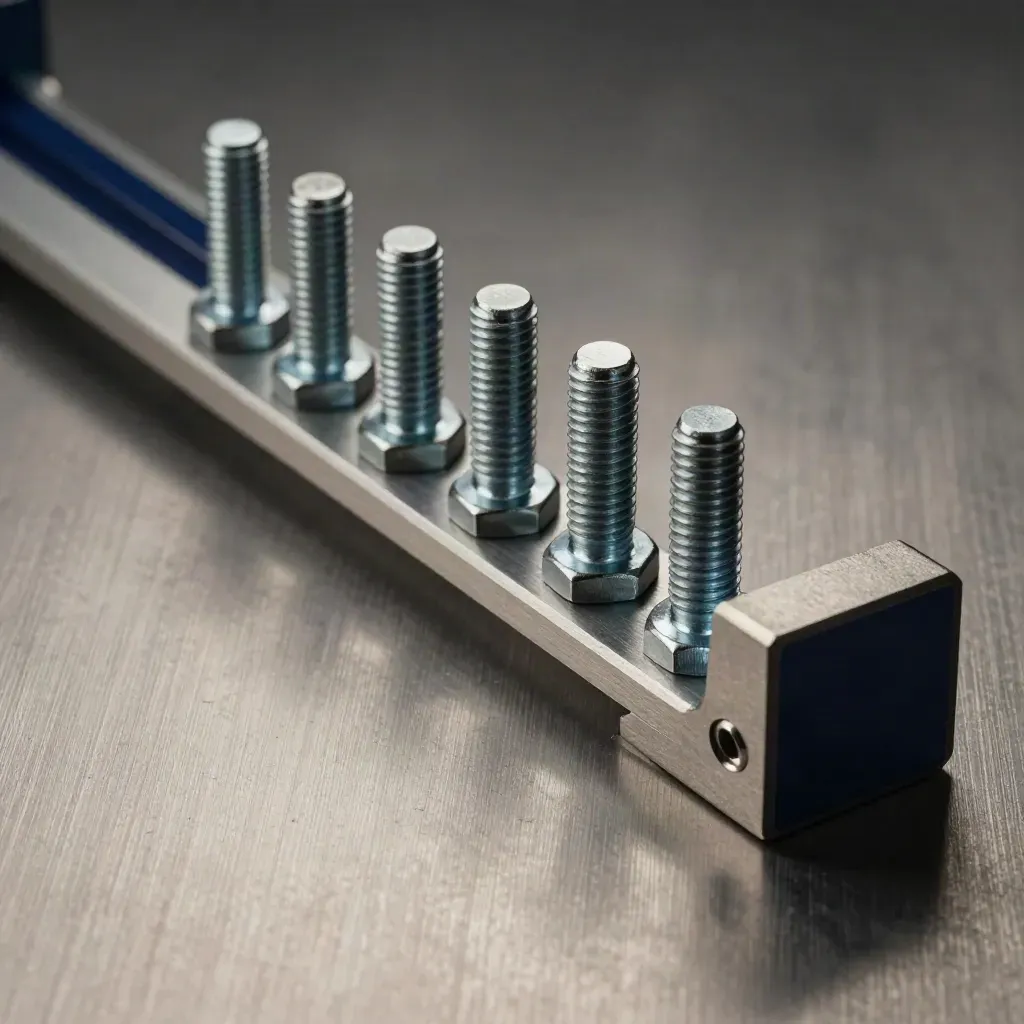 Precision metal connectors and modular rail arranged on brushed metal under dramatic studio light.