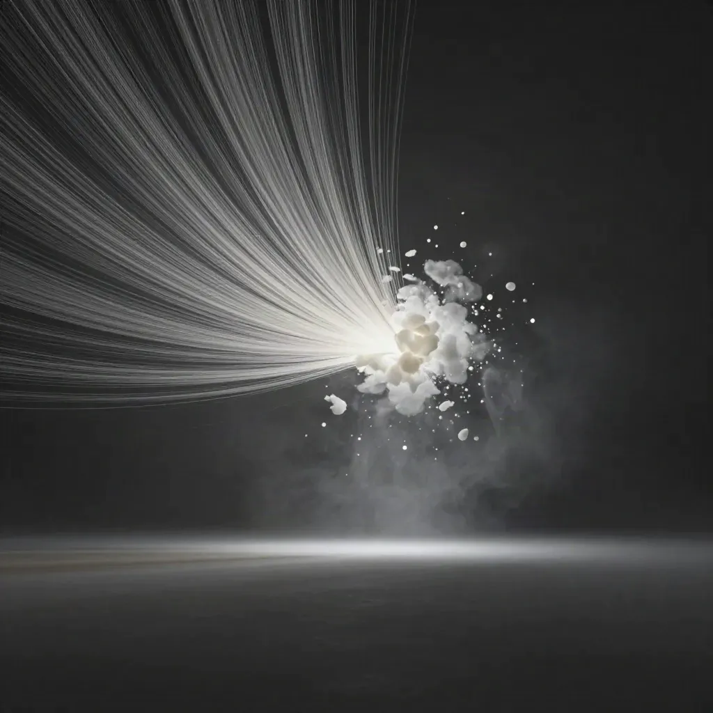 Silver filaments converge into a white bloom in graphite haze, with calm copy space.
