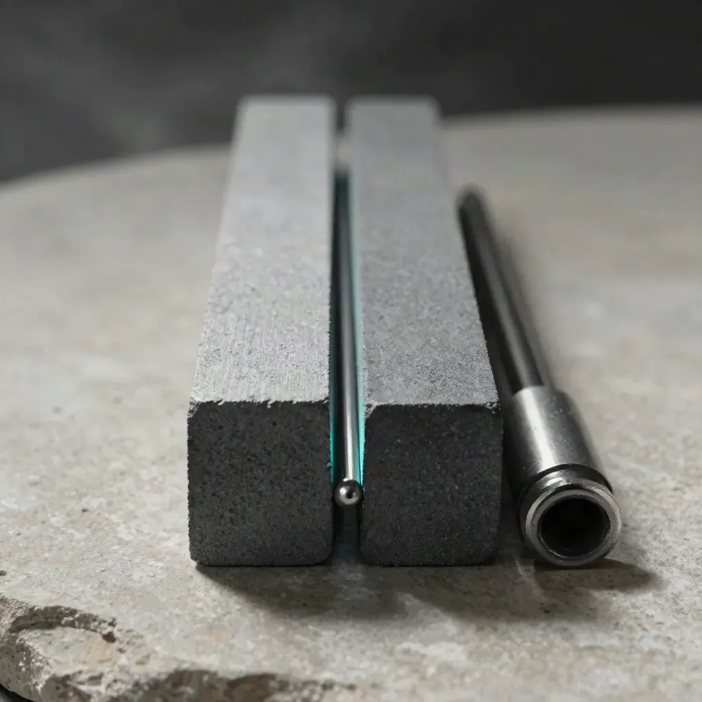 Graphite connectors and a link bar arranged precisely on pale stone with a faint cyan glint.