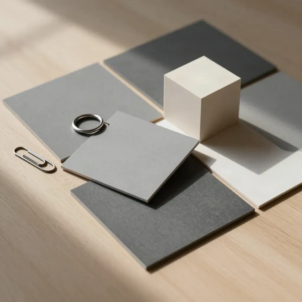 Overhead still life of paper tiles, a modular cube, ring, and paper clip on pale wood.